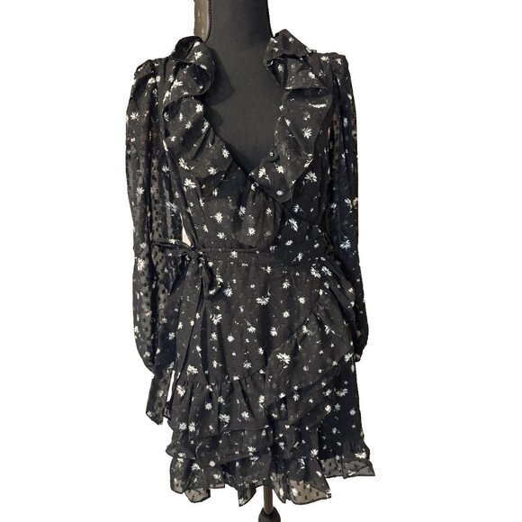 Spring + Mercer Women's Wrap Dress S Swiss Dot Floral Black White Ruffle NEW - Picture 1 of 11